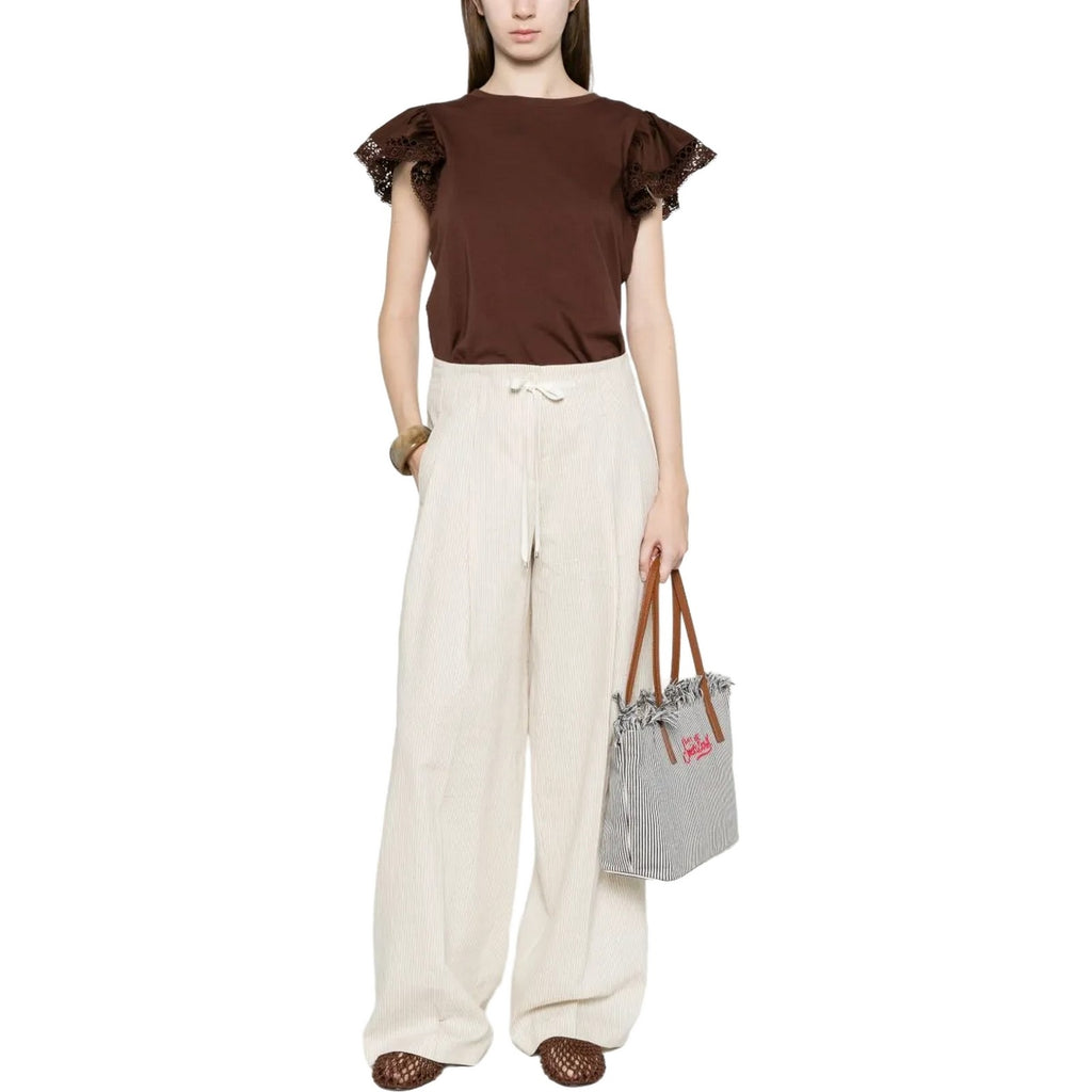 T-shirt Donna Twinset - T-Shirt In Jersey Con Alette In Pizzo - Marrone