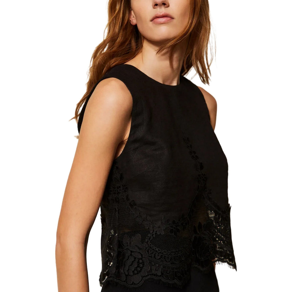 Canotte e top Donna Twinset - Top Con Pizzo Intarsiato - Nero