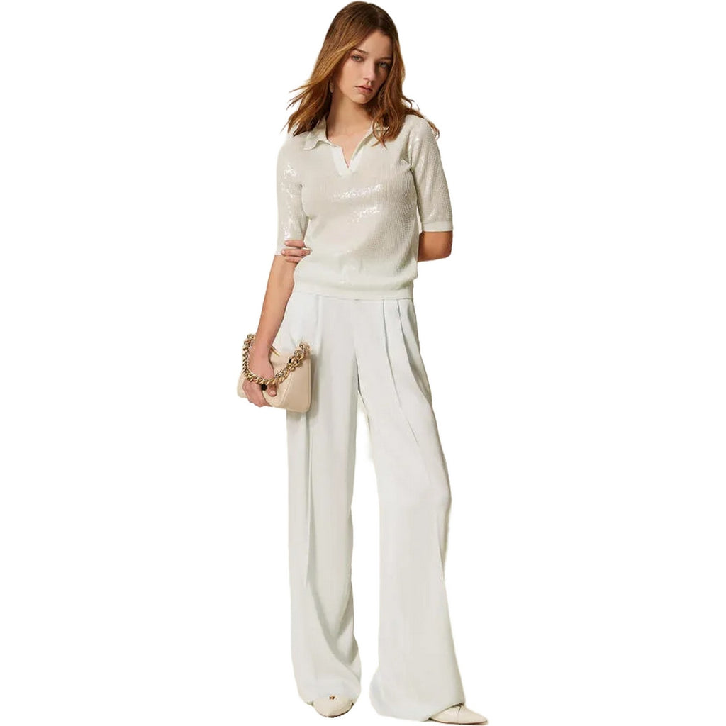 Polo Donna Twinset - Polo In Maglia Ricamo Pailettes - Celeste