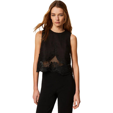 Canotte e top Donna Twinset - Top Con Pizzo Intarsiato - Nero
