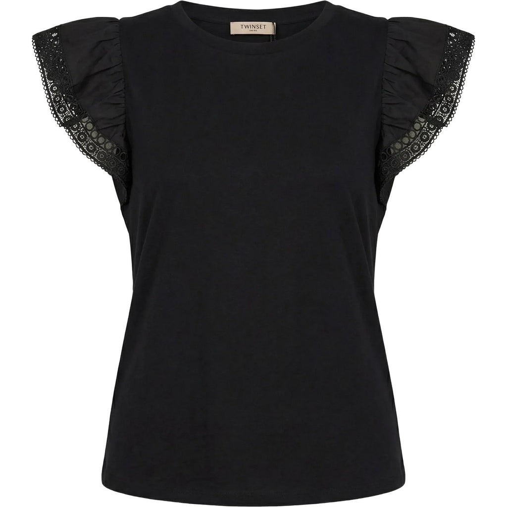T-shirt Donna Twinset - T-Shirt In Jersey Con Alette In Pizzo - Nero