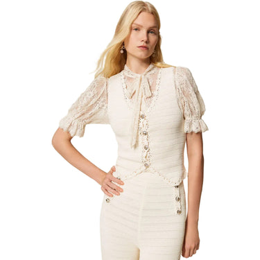 Gilet Donna Twinset - Gilet In Maglia Bordi Crochet - Beige