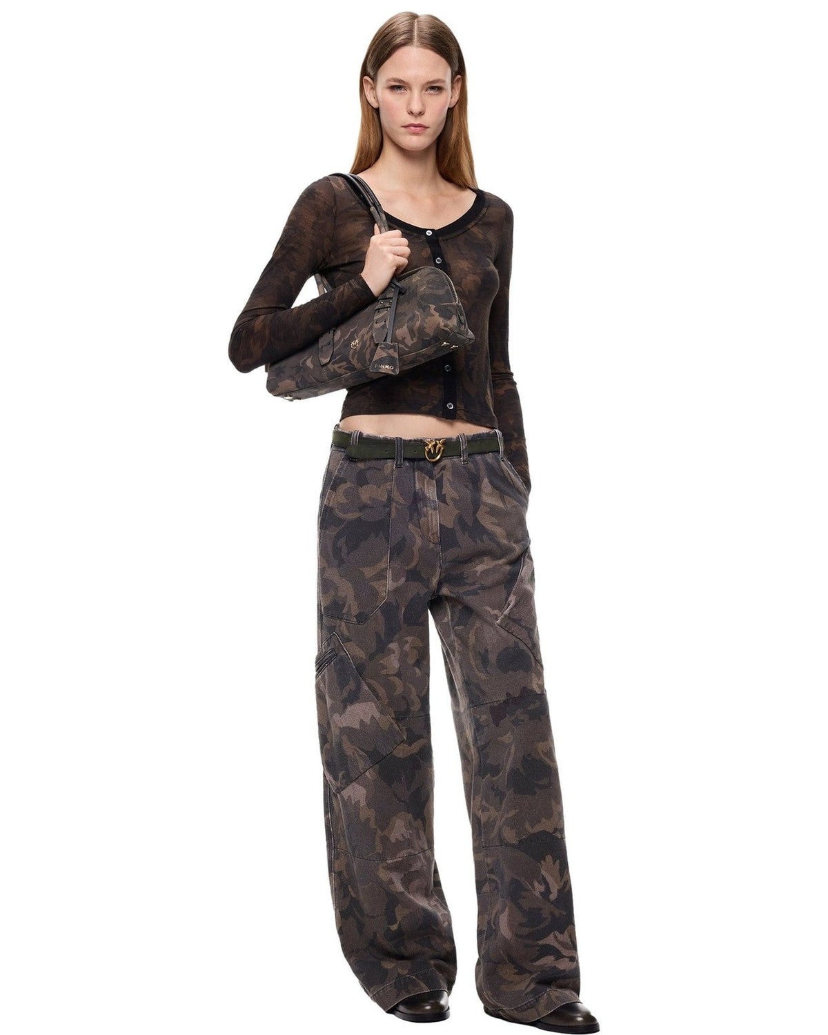 Pantaloni Donna Pinko - Haiku Pantalone Cotone Stampat - Nero/Marrone