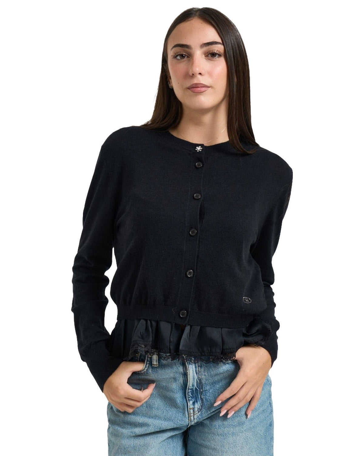 Cardigan Donna Liu Jo - Maglia Aperta M/L Con Tessuto - Nero