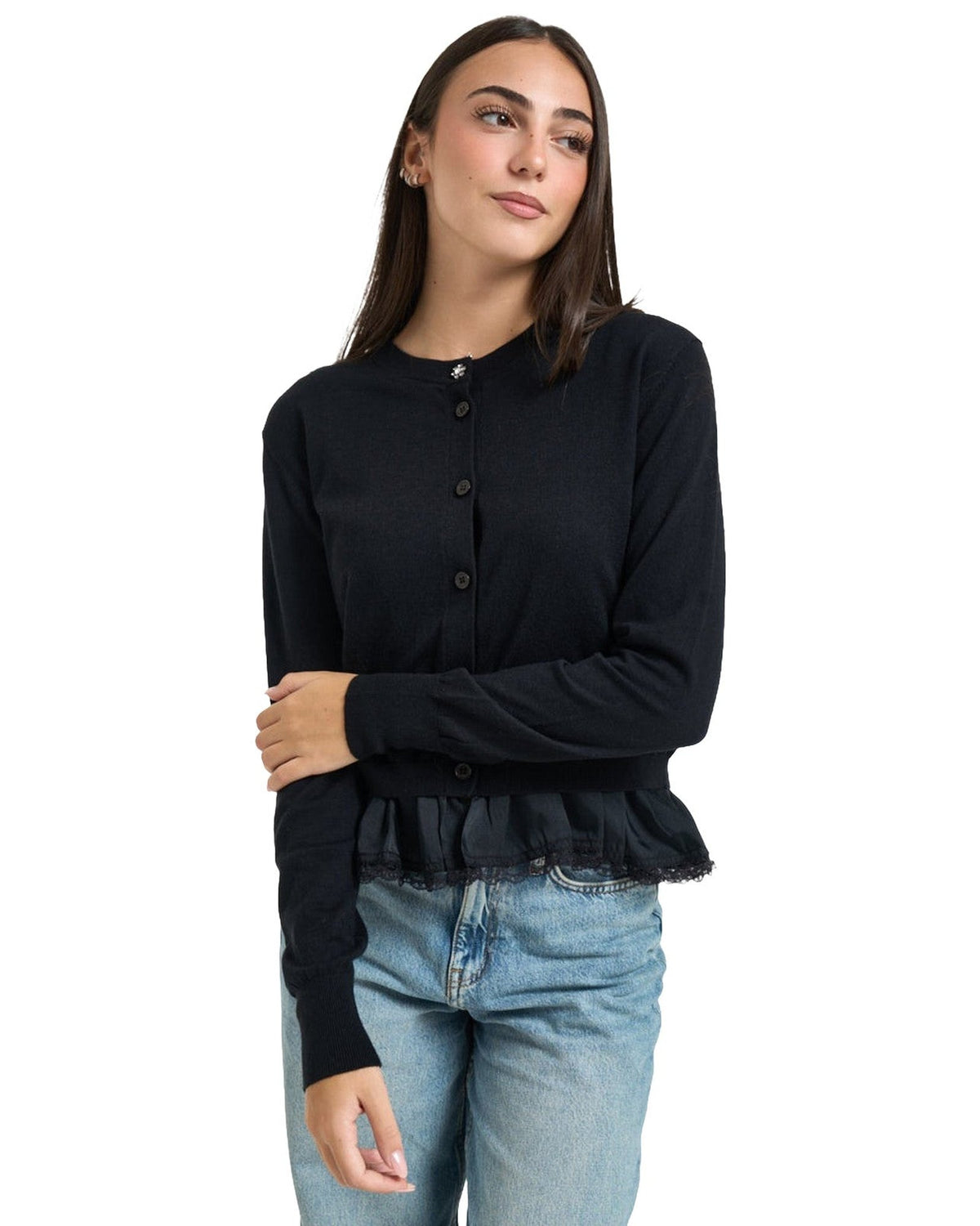 Cardigan Donna Liu Jo - Maglia Aperta M/L Con Tessuto - Nero