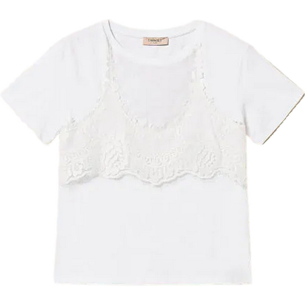 T-shirt Donna Twinset - T-Shirt Jersey Con Tulle E Pizzo - Bianco