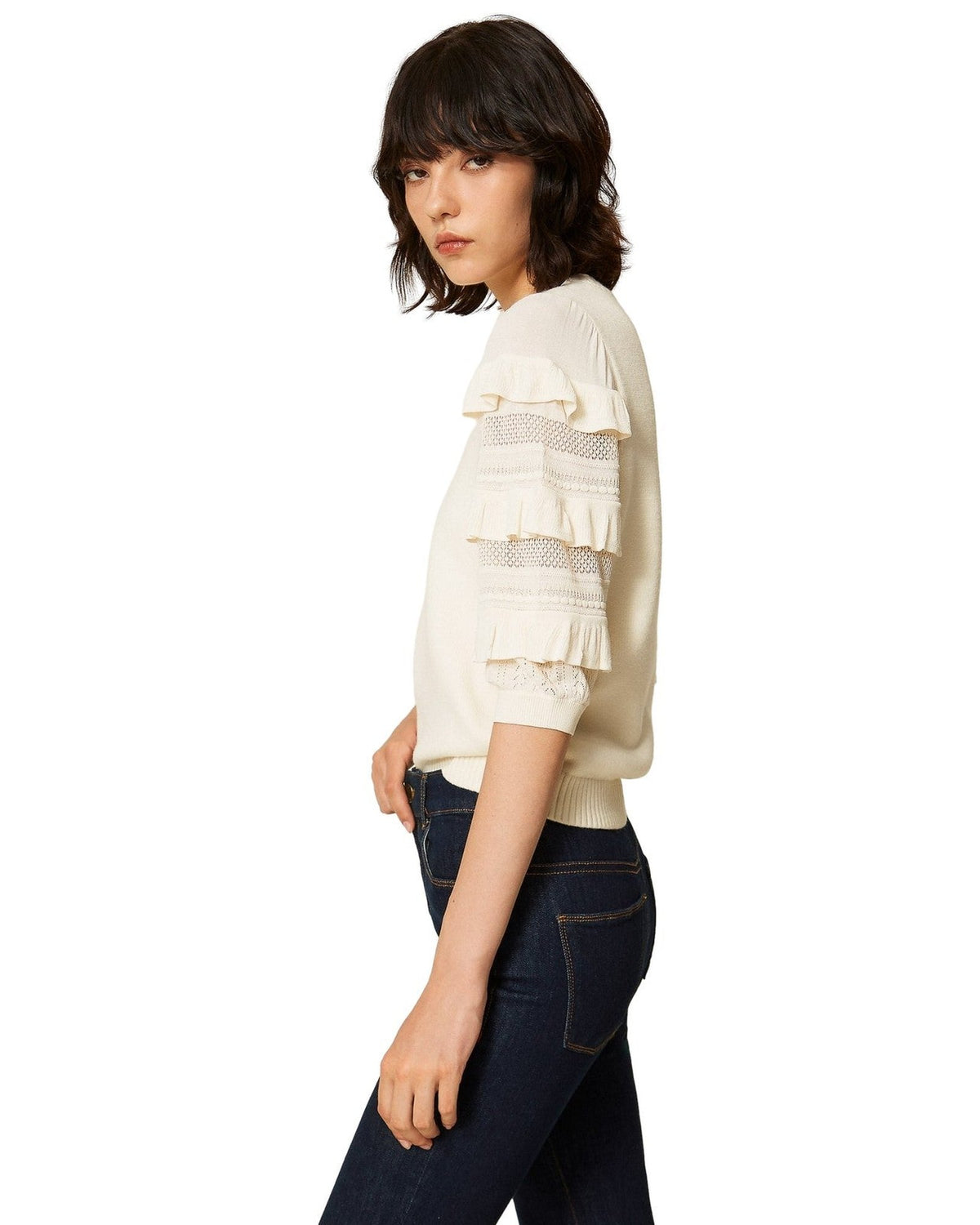 Maglie Donna Twinset - Maglia Manica Corta Con Rouches E Punto Rete - Panna