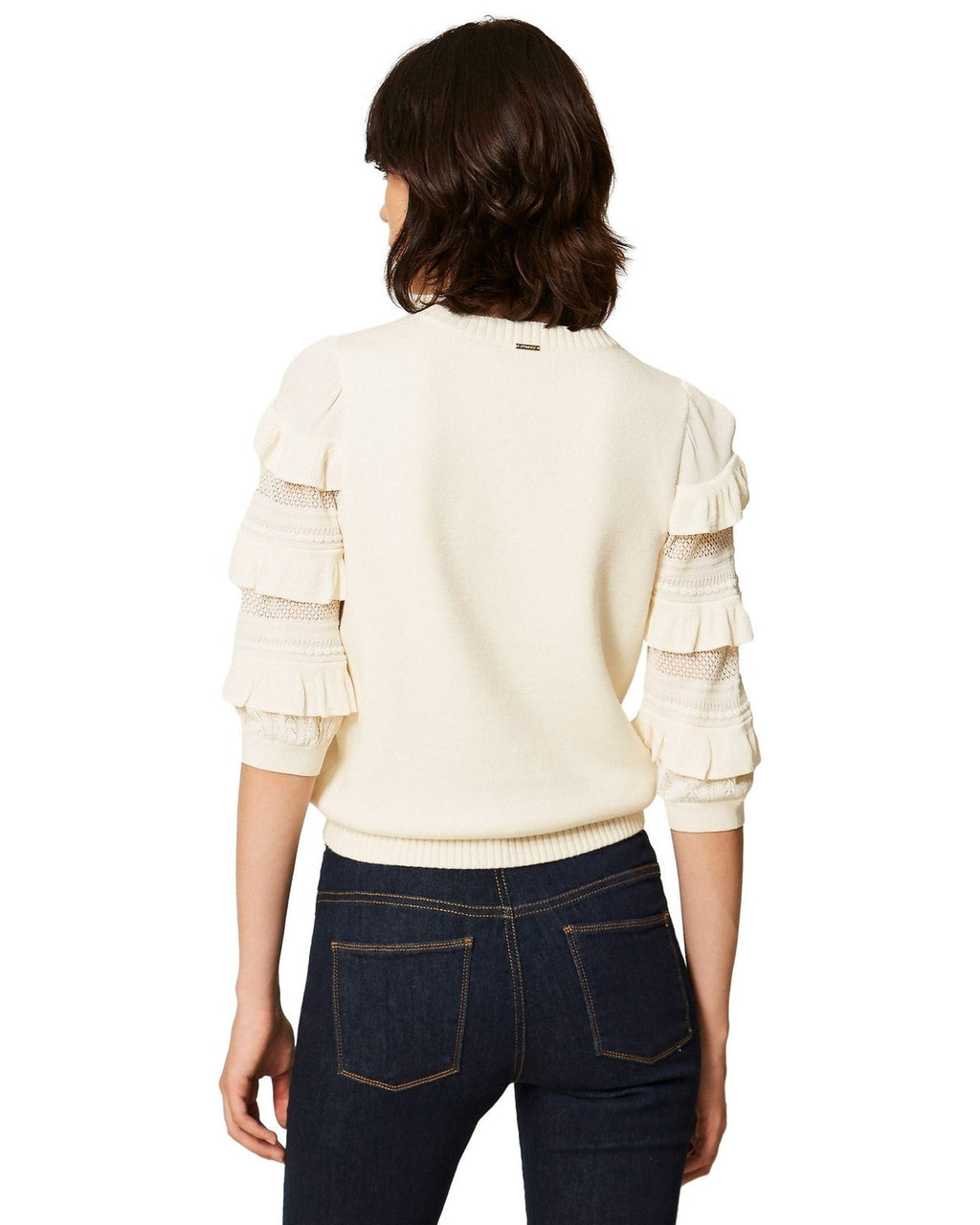 Maglie Donna Twinset - Maglia Manica Corta Con Rouches E Punto Rete - Panna