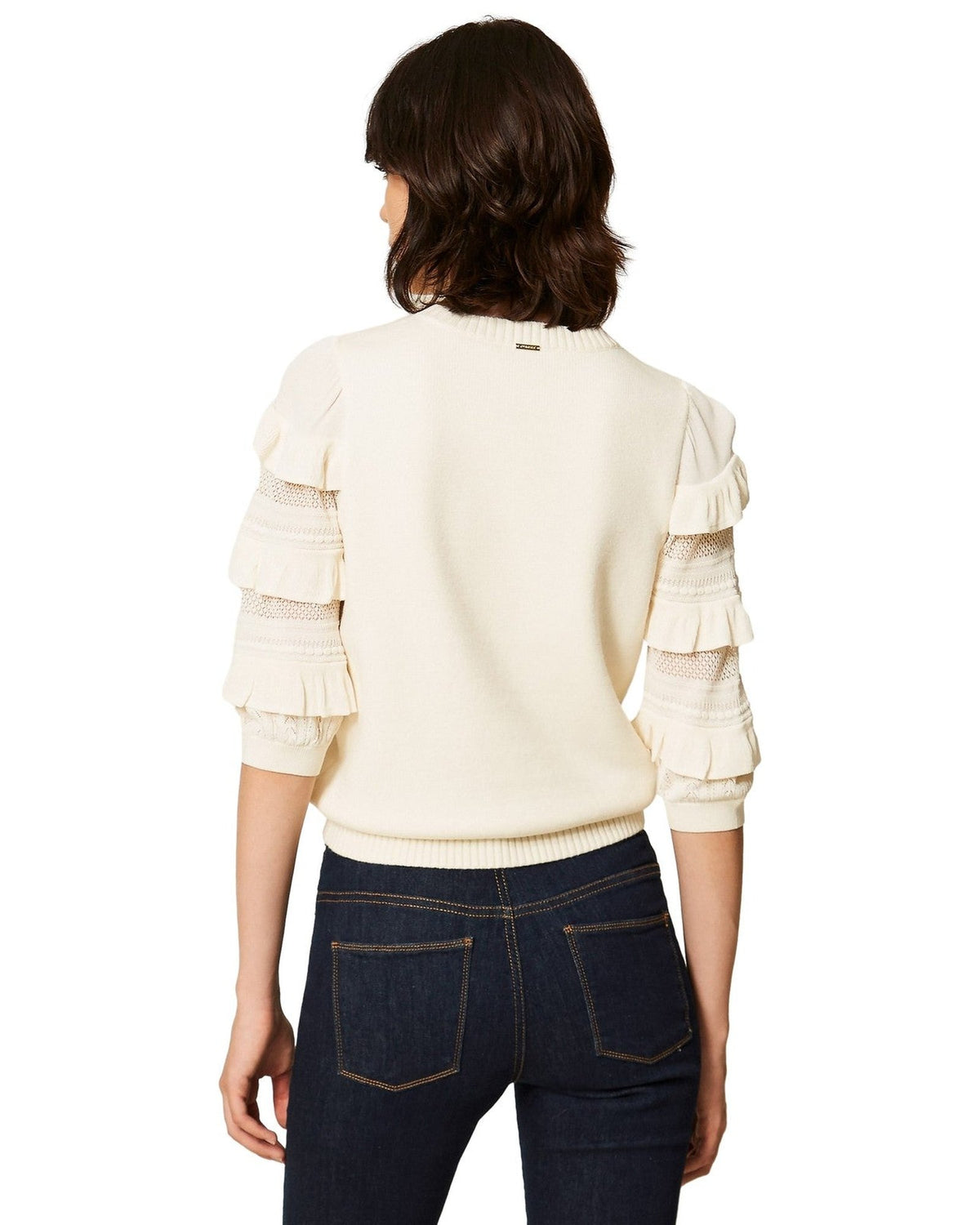 Maglie Donna Twinset - Maglia Manica Corta Con Rouches E Punto Rete - Panna