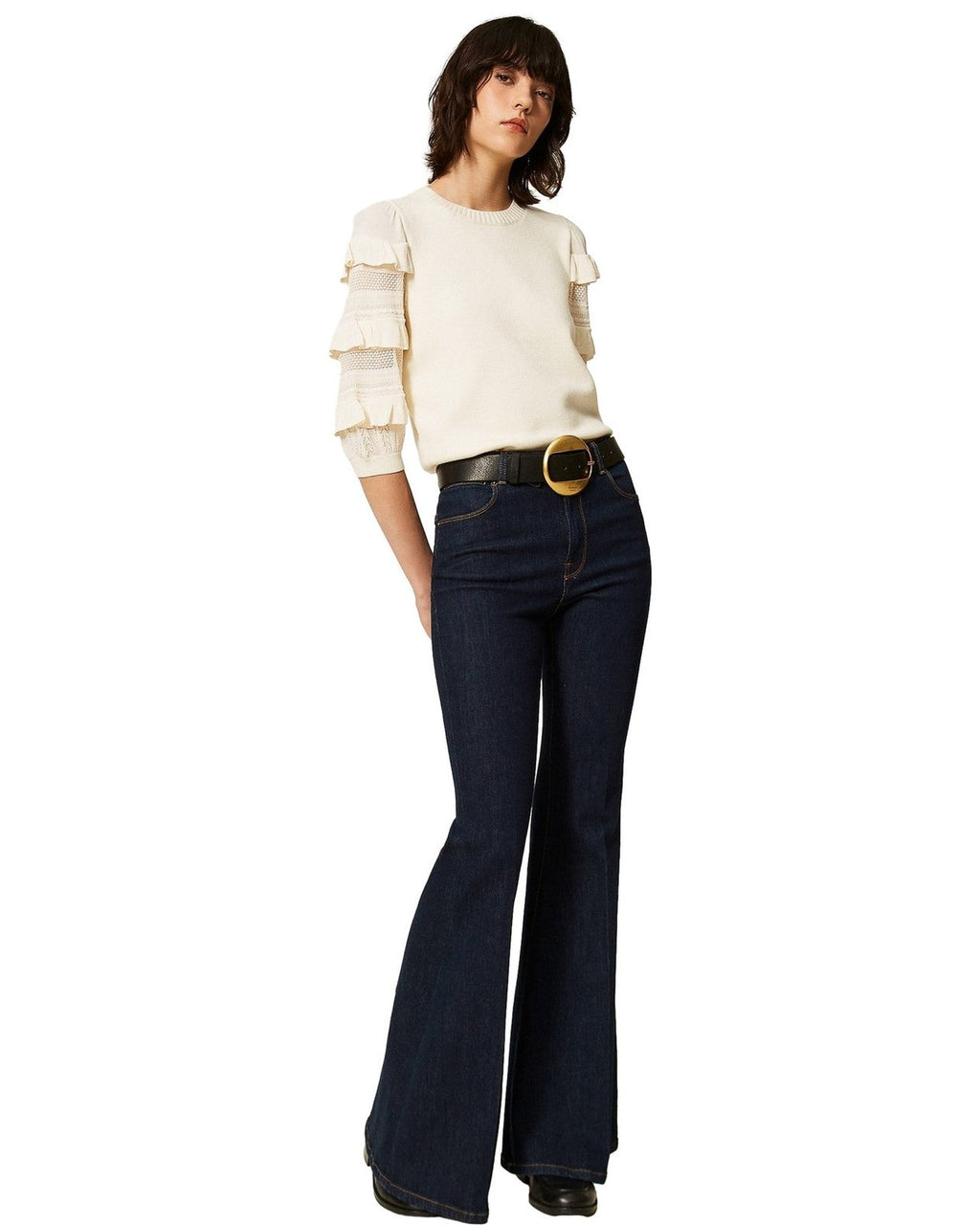 Maglie Donna Twinset - Maglia Manica Corta Con Rouches E Punto Rete - Panna