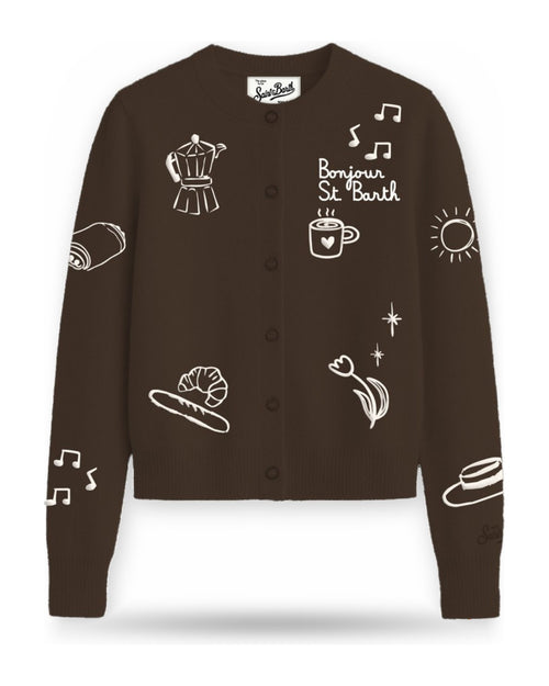 Cardigan Donna Mc2 Saint Barth - Roundneck Cardigan Draw Bonjour STB 18 Emb - Marrone