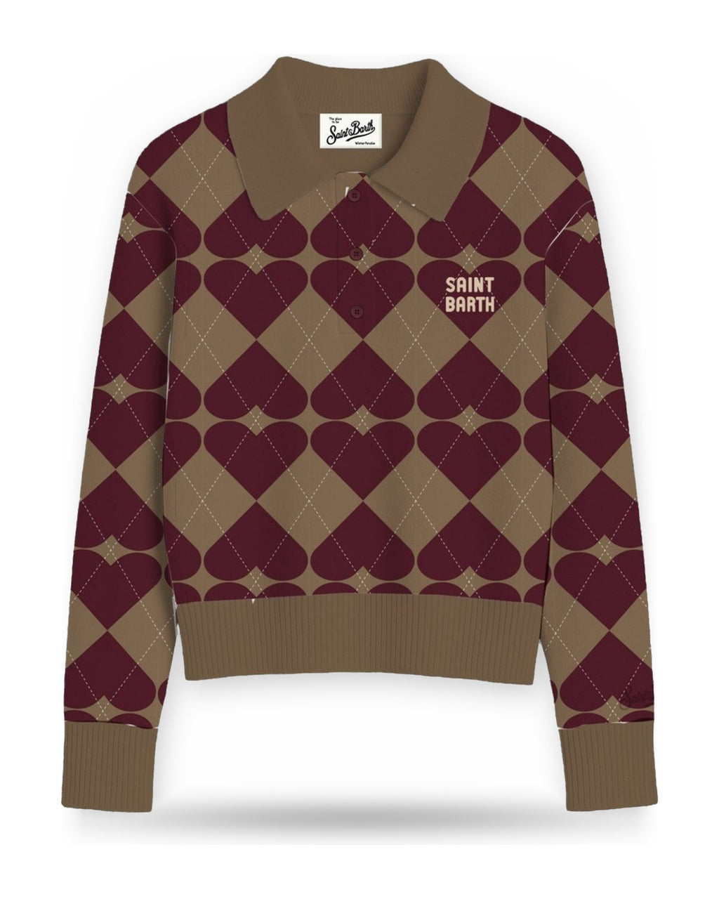 Polo a manica lunga Donna Mc2 Saint Barth - Long Sleeves Knit Polo SB Argyle Hearts 1945 - Marrone/Bordeaux
