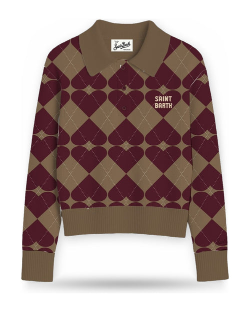 Polo a manica lunga Donna Mc2 Saint Barth - Long Sleeves Knit Polo SB Argyle Hearts 1945 - Marrone/Bordeaux