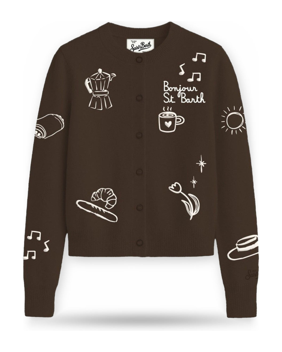 Cardigan Donna Mc2 Saint Barth - Roundneck Cardigan Draw Bonjour STB 18 Emb - Marrone