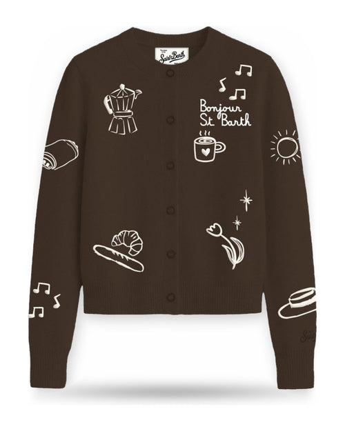 Cardigan Donna Mc2 Saint Barth - Roundneck Cardigan Draw Bonjour STB 18 Emb - Marrone