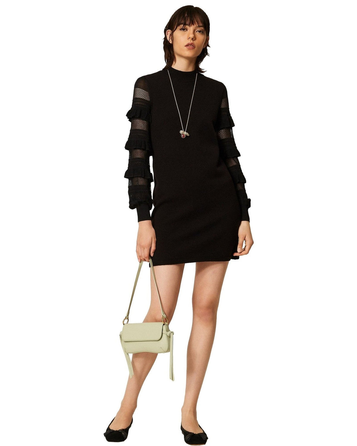 Vestiti casual Donna Twinset - Mini Abito In Maglia Con Rouches E Punto Rete - Nero