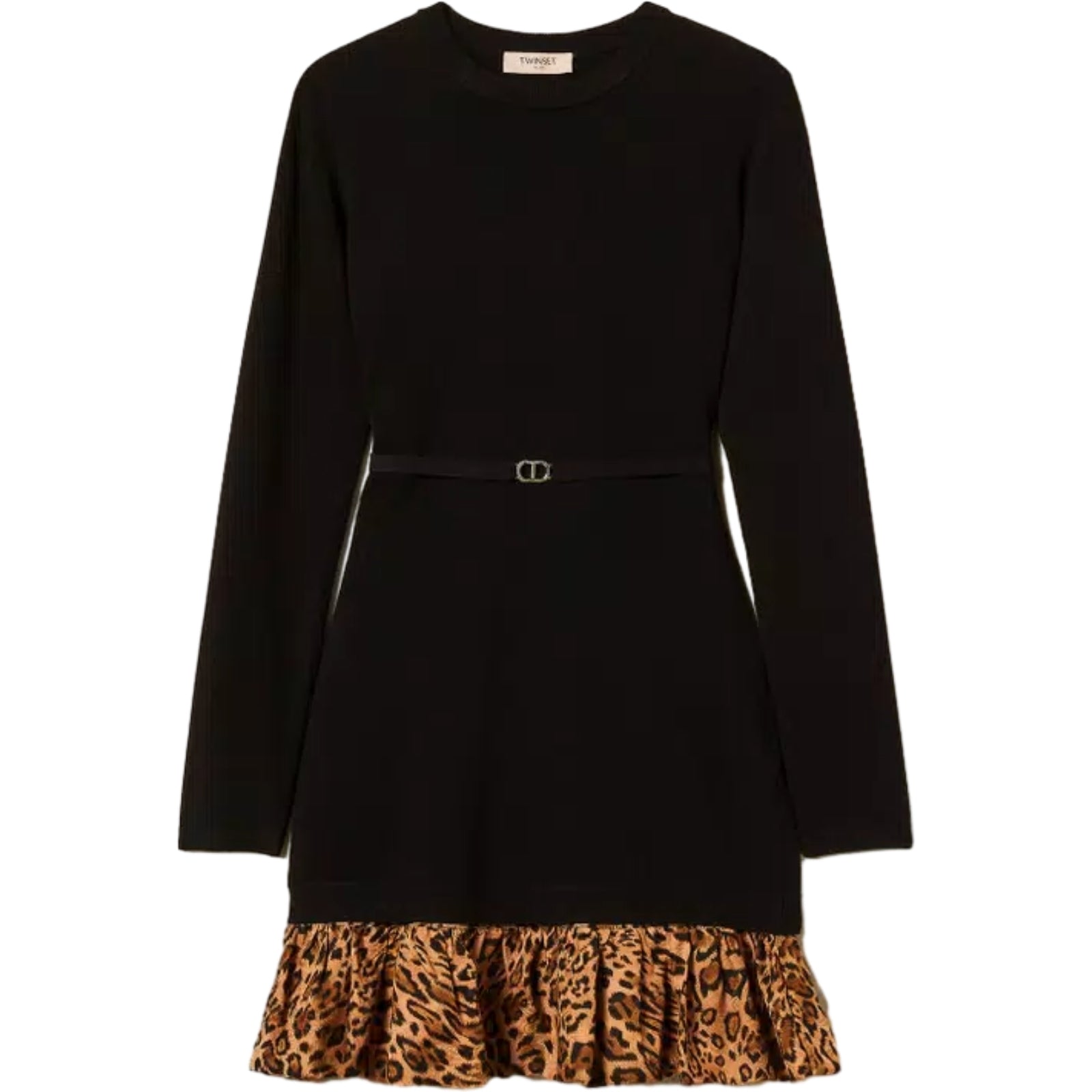 Vestiti da sera e cerimonia Donna Twinset - Abito A Maglia C/Bordo Tessuto Animalier E Cintura - Nero