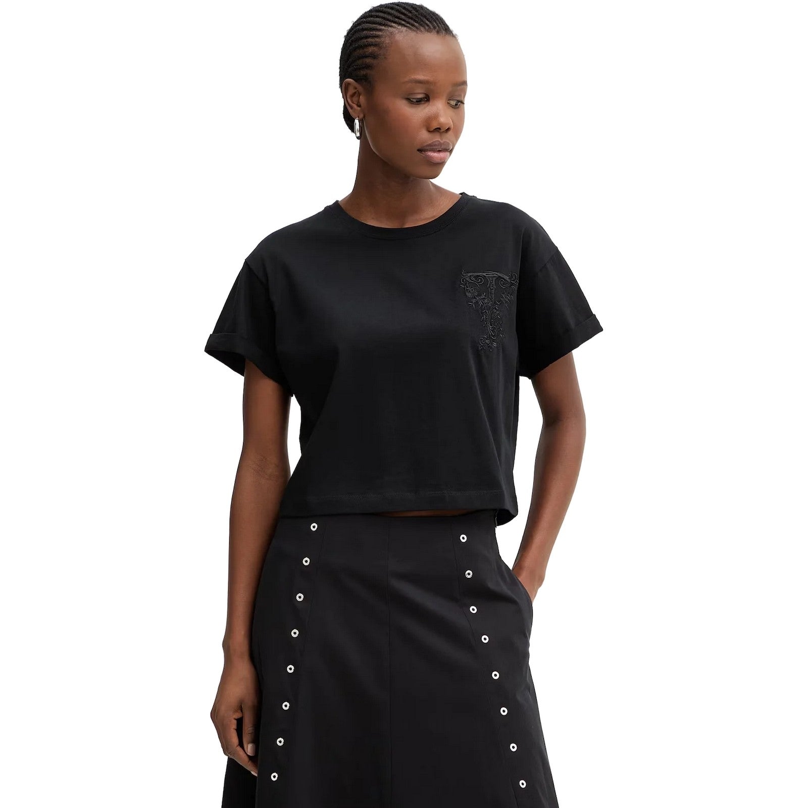 T-shirt Donna Twinset - T-Shirt In Jersey Con Ricamo "T" - Nero di Twinset su Gianni Foti