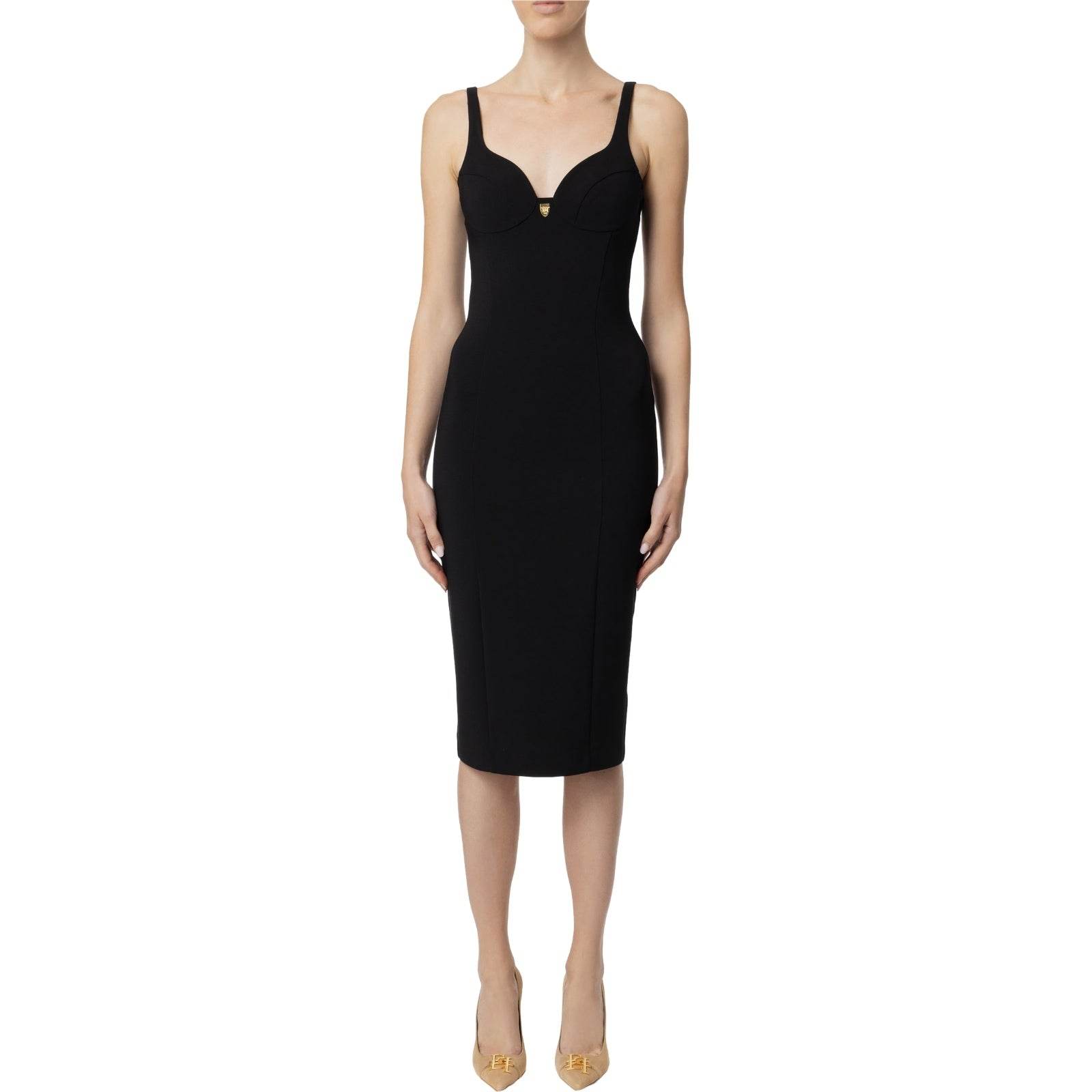 Vestiti da sera e cerimonia Donna Elisabetta Franchi - Abito midi in crêpe stretch taglio coppe - Nero