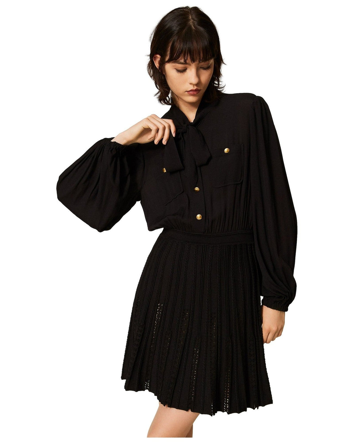 Vestiti casual Donna Twinset - Abito Bi-materiale C/Sciarpina - Nero