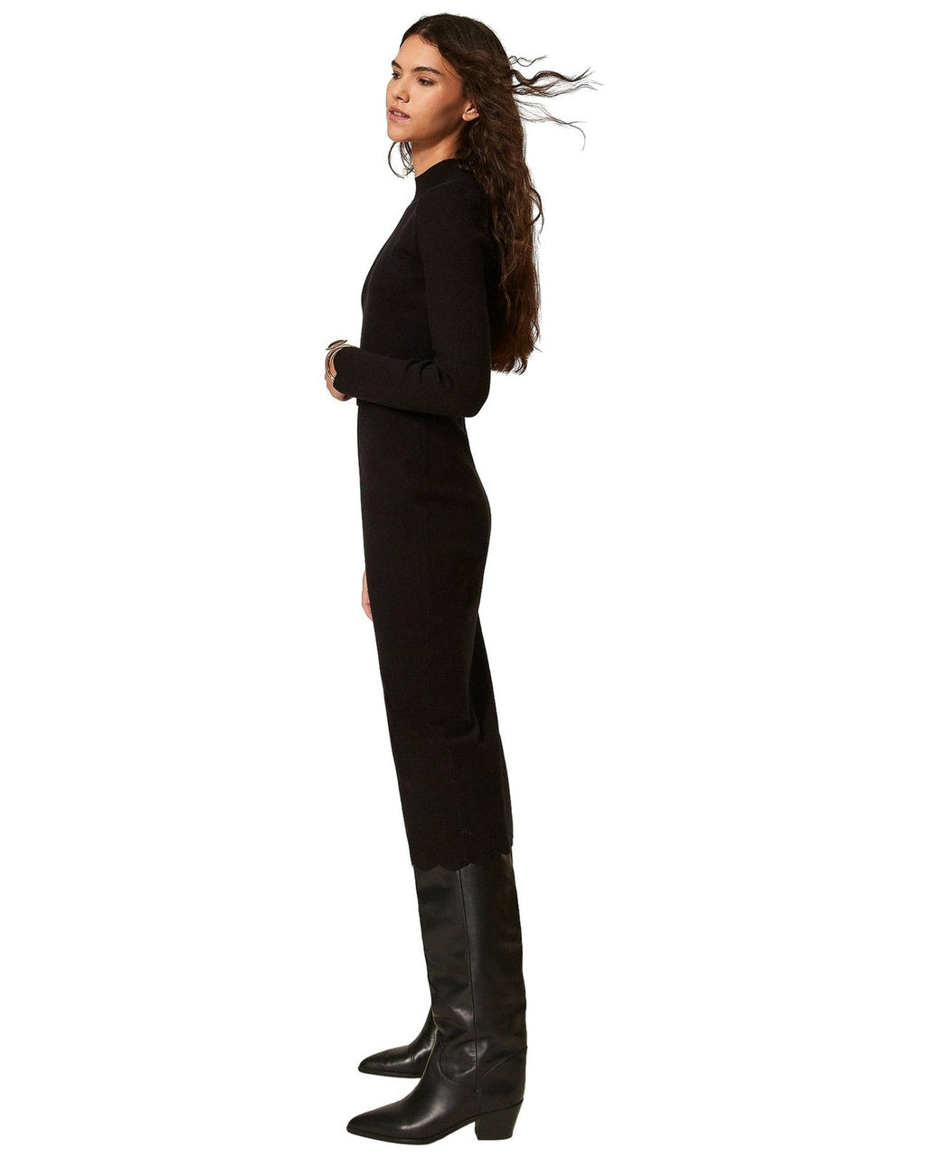 Vestiti casual Donna Twinset - Abito Lungo A Lupetto Bordi Cappette E Cintura - Nero