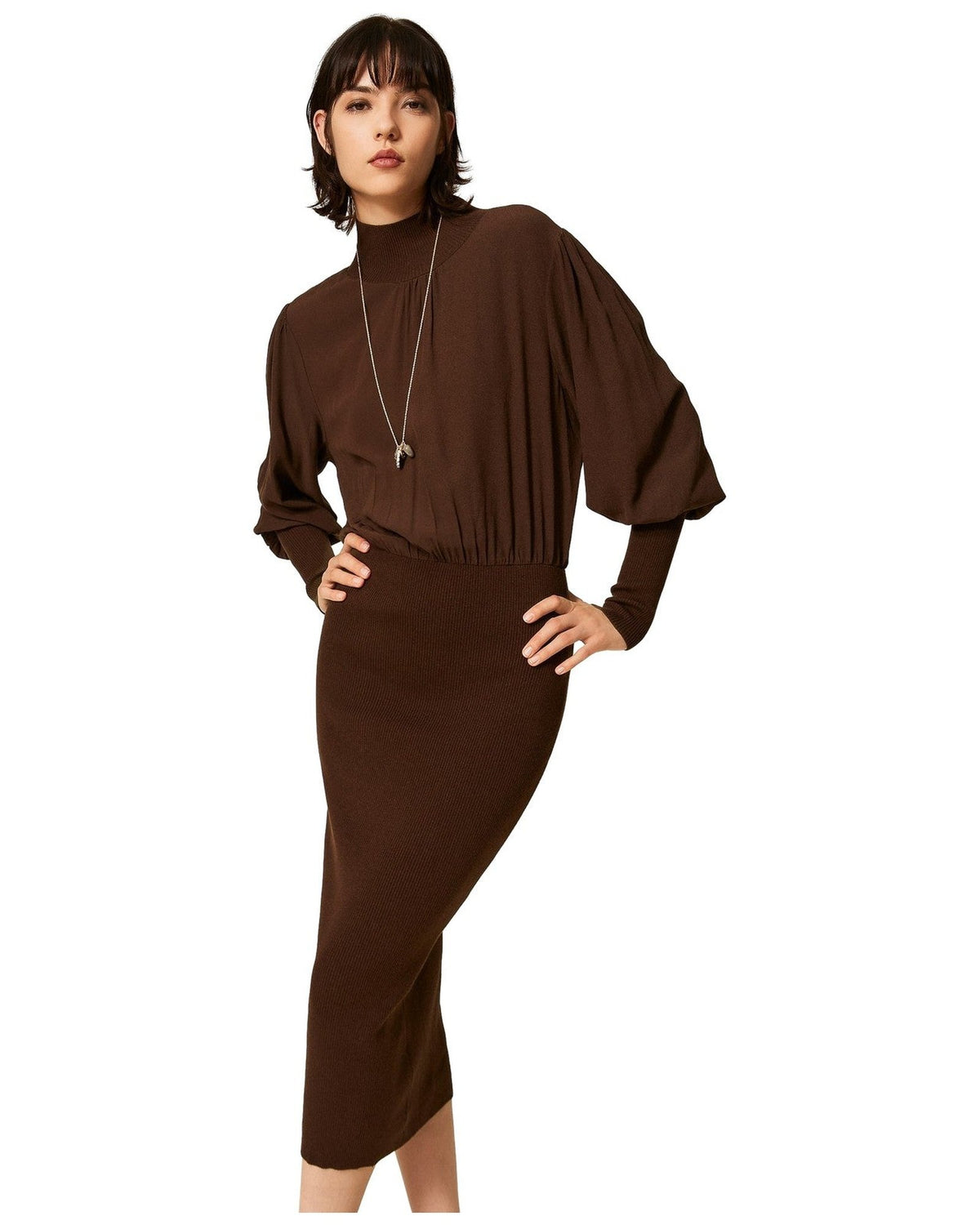 Vestiti casual Donna Twinset - Abito Lungo Bi-materiale Con Crepe De Chine - Marrone