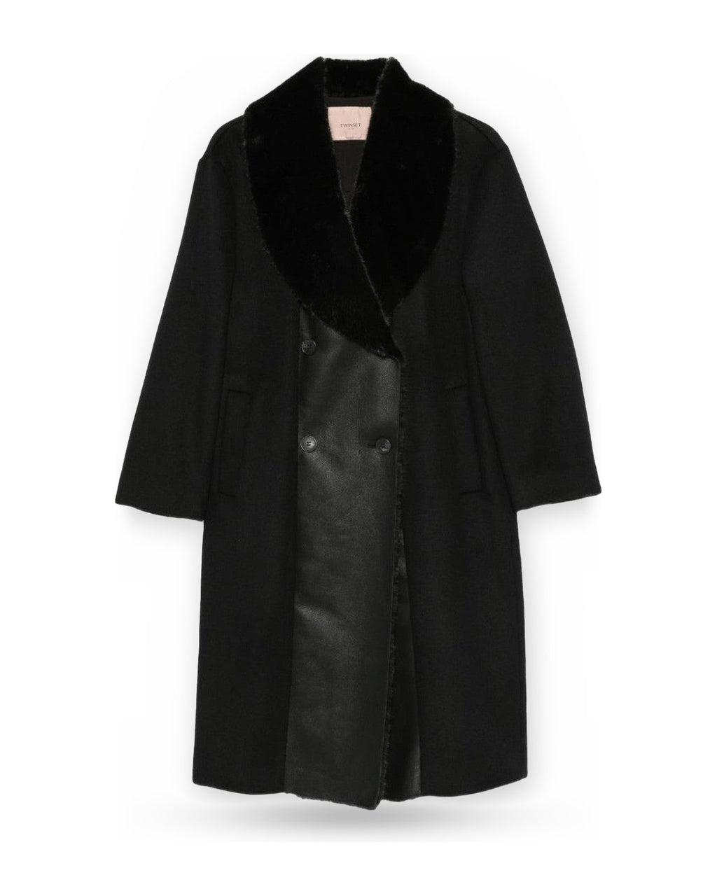 Cappotti Donna Twinset - Cappotto Panno Dett. Long Fiber Fabric E Spalmati - Nero
