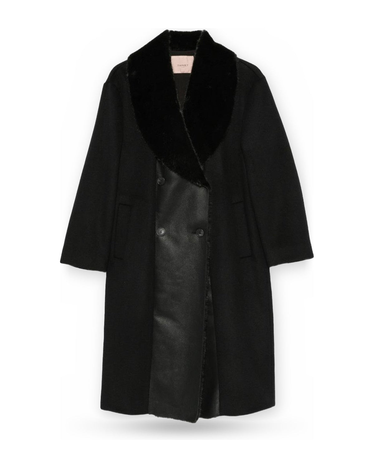 Cappotti Donna Twinset - Cappotto Panno Dett. Long Fiber Fabric E Spalmati - Nero