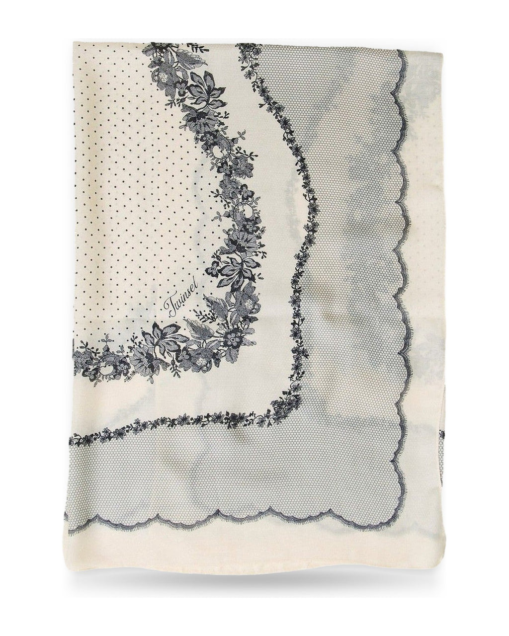 Sciarpe Donna Twinset - Kefia In Tessuto Stampa Pois E Fiori - Panna/Nero