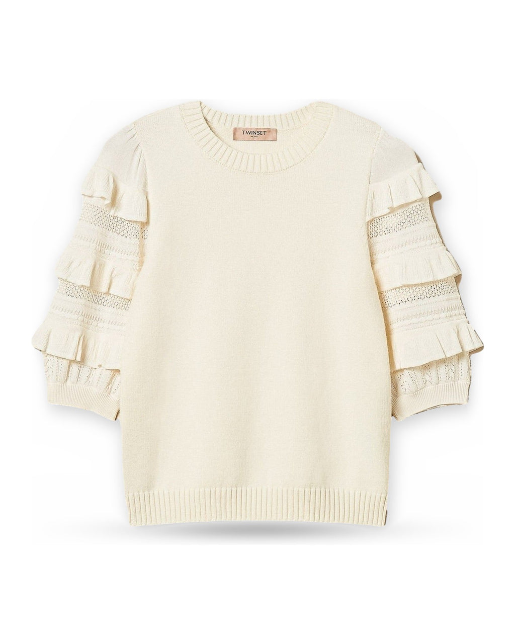 Maglie Donna Twinset - Maglia Manica Corta Con Rouches E Punto Rete - Panna