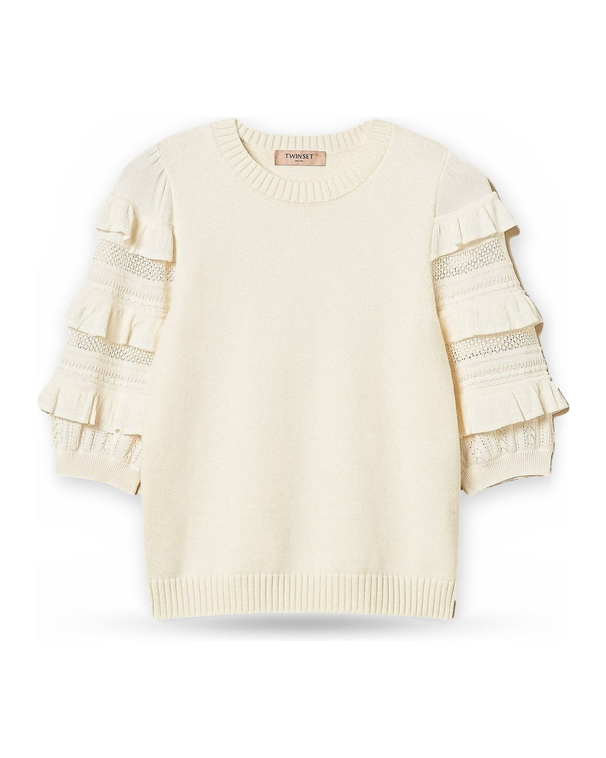 Maglie Donna Twinset - Maglia Manica Corta Con Rouches E Punto Rete - Panna