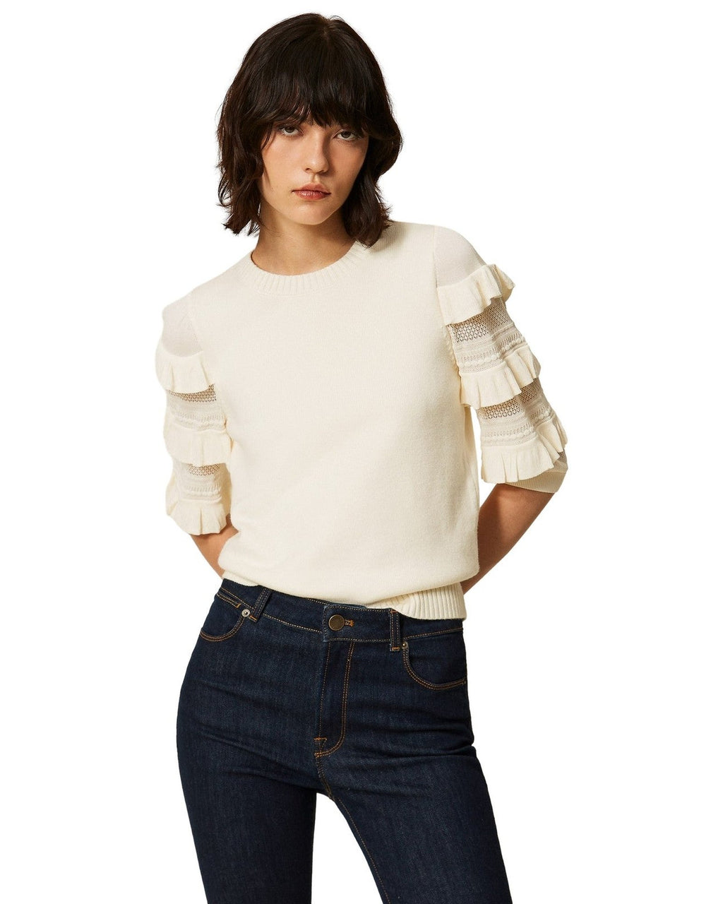 Maglie Donna Twinset - Maglia Manica Corta Con Rouches E Punto Rete - Panna