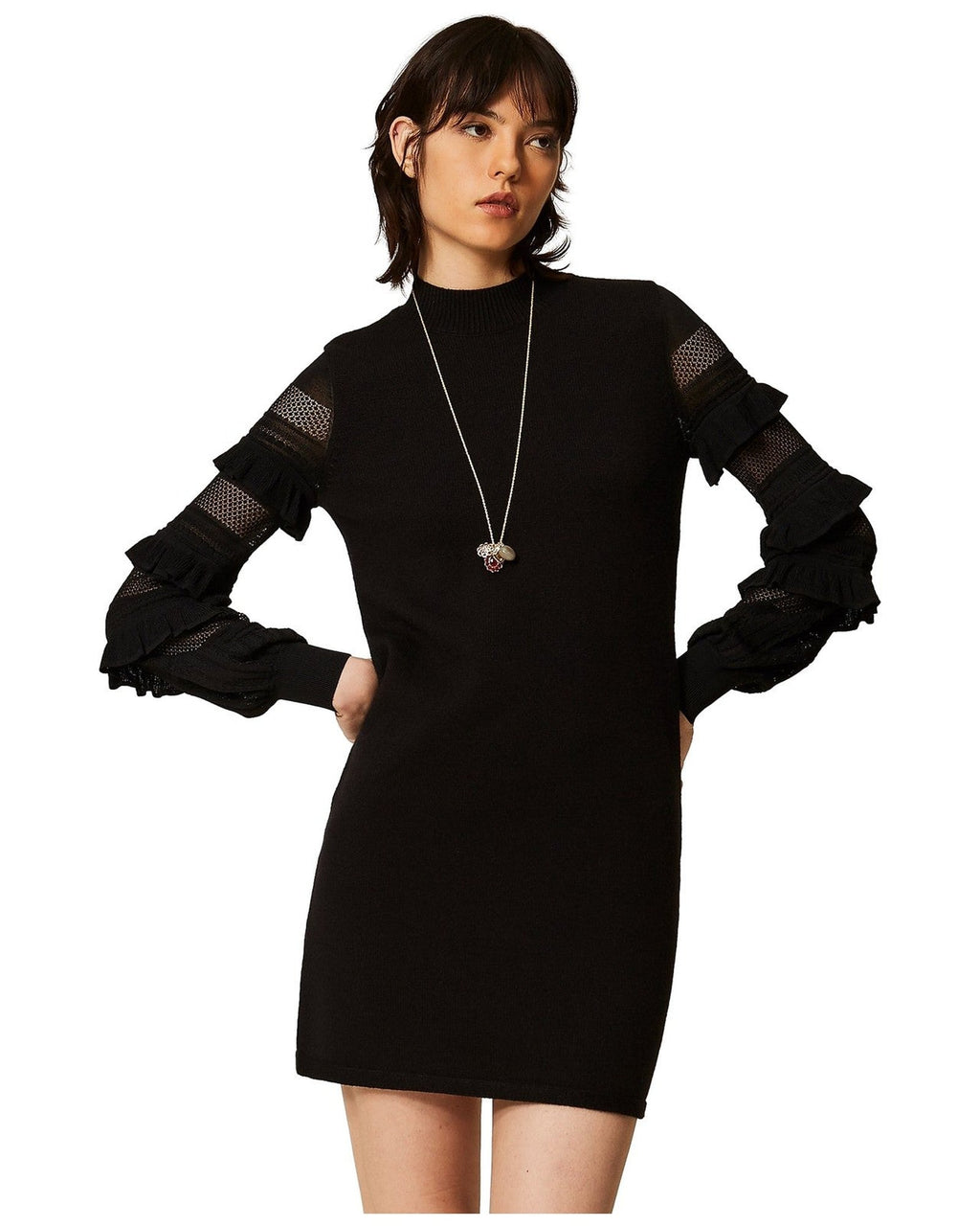 Vestiti casual Donna Twinset - Mini Abito In Maglia Con Rouches E Punto Rete - Nero