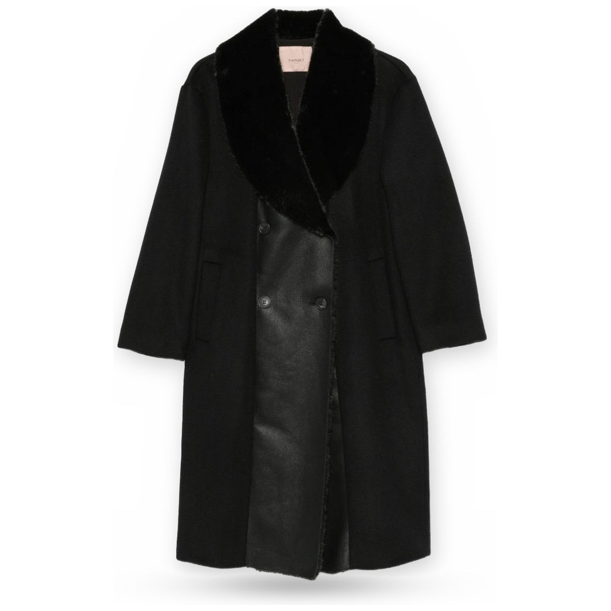 Cappotti Donna Twinset - Cappotto Panno Dett. Long Fiber Fabric E Spalmati - Nero