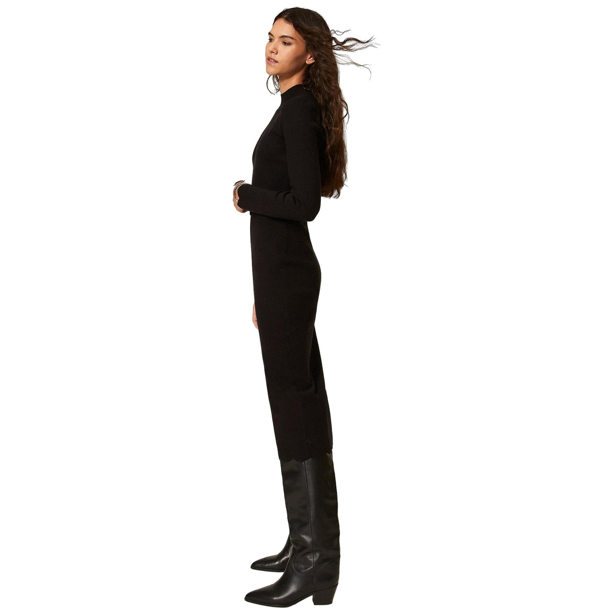 Vestiti casual Donna Twinset - Abito Lungo A Lupetto Bordi Cappette E Cintura - Nero